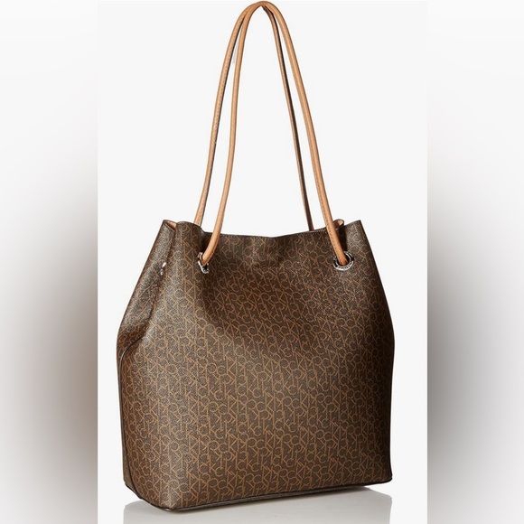 CALVIN KLEIN Handbag Women's Brown Logo Leather Large Tote Purse AUTHENTIC - Picture 9 of 11